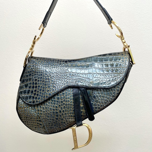 Dior crocodile bag Saddle Embossed Green/Blue gold hardware , rare find - Picture 2 of 16